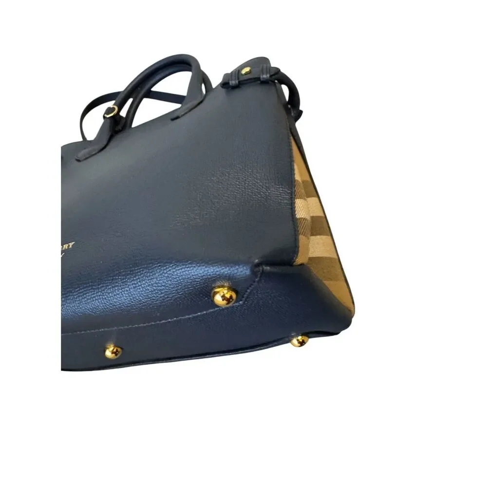 Burberry Navy Blue Saffiano Pebbled Leather Nova Check 2way Banner Satchel Ex+